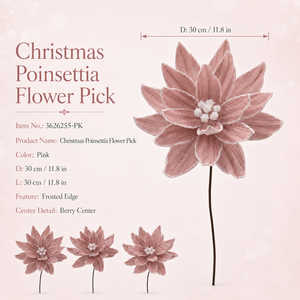 Couronne de Noël en gros, décorations de sapin, fleurs artificielles de poinsettia roses floquées avec bordure enneigée - Product Image 2