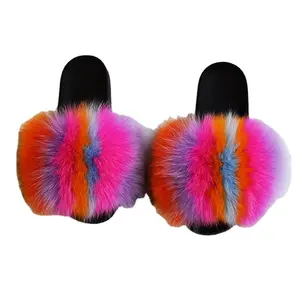 Multiple color women indoor outdoor flat sole custom logo slippers shoes summer big size real fox fur slippers ladies slippers