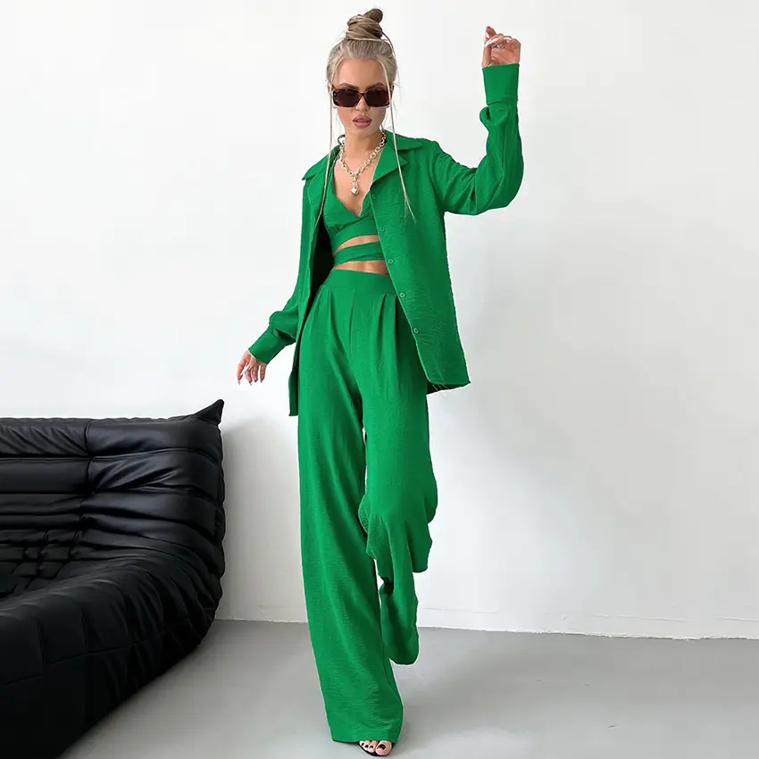 Mandy – ensemble trois pièces décontracté pour femme, gilet vert plissé, bande froissée, taille haute, jambes larges, nouvelle mode