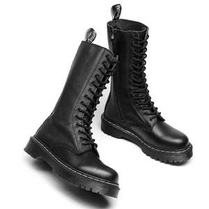 Women's Black Genuine Leather <b>Boots</b> Mid-Calf Round Toe Lace-Up Flat Heel Anti-Slip Rubber Outsole All Seasons Solid Color - Product Image 3