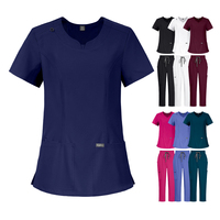 Ensemble d'uniformes médicaux respirants personnalisés en tissu extensible pour infirmières, col en V, cheville ajustable avec cordon de serrage