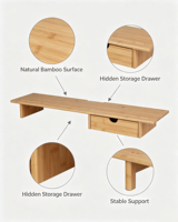 Support d'écran en bambou avec tiroir de rangement, support ergonomique pour écran d'ordinateur, organisateur de bureau en bambou pour le bureau