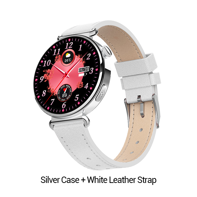 Boîtier argenté + bracelet en cuir blanc