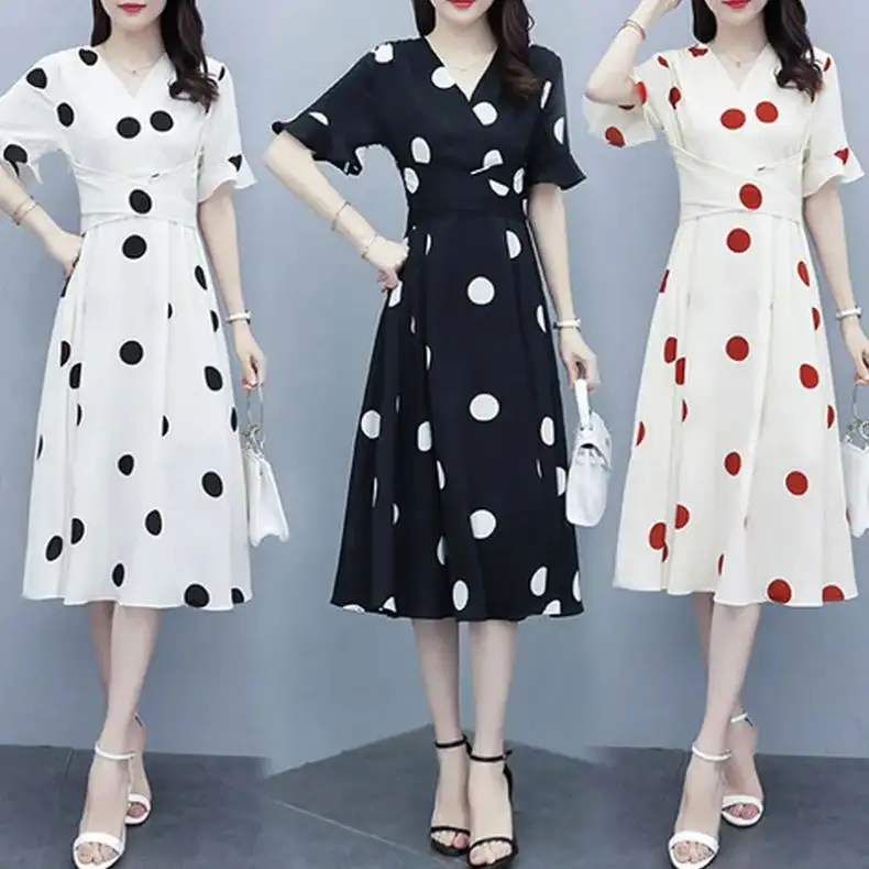 2022 Women Summer Cross V-neck Short Sleeve Ruffles Korean Dresses Dot Printed Bandage Fashion Slim A-line Casual Dress