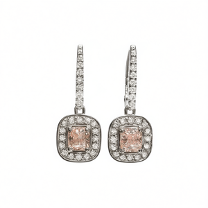 Orecchini in Argento con Diamanti ES043, Taglio Asscher, Pietra Centrale Rosa Fantasia, Pietre Laterali Colore D, Gioielli Classici da Sposa per Donna - Product Image 1