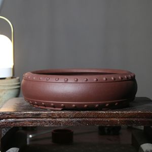 Maceta de Arcilla Morada Redonda y Poco Profunda con Remaches, Estilo Chino Clásico, para Bonsái de Escritorio - Product Image 1