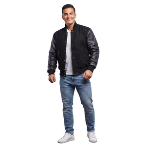 Veste Varsity noire, manches en faux cuir, fermeture à bouton pression, corps en laine, logo personnalisé, veste de baseball pour hommes - Product Image 1