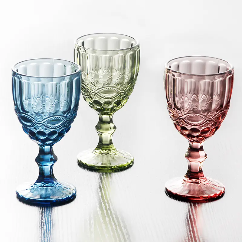 Wholesale Glassware Colored Goblet Wine Glasses Water Glass Pressed Blue Glass Goblets