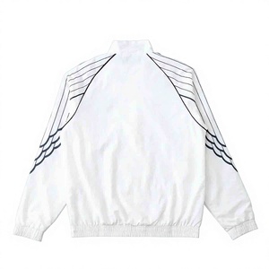 White Unisex <b>Racer</b> <b>Jacket</b> With Black Stripes Zipper Closure Stand Collar Elastic Waist Regular Fit All Seasons Polyester Materia - Product Image 2