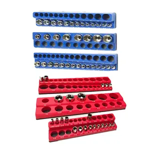 Juego organizador de enchufes magnéticos SEA y métricos rojos y azules de 6 piezas, capacidad para enchufes de tamaño estándar y de tamaño profundo