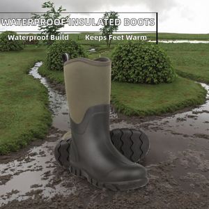 Bottes en caoutchouc imperméables et isolées, hauteur genou, avec tige en néoprène pour l'agriculture, la chasse, le jardinage et les travaux de jardin - Taille 10 Olive Toutes saisons - Product Image 2