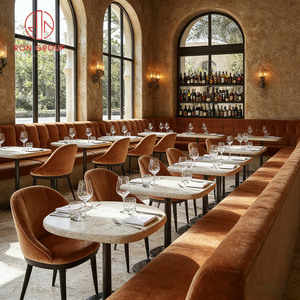 Restaurante de Lujo Retro de Estilo Toscana Francesa del Sur, Mesa de Mármol Natural y Sillas de Terciopelo Naranja con Asientos Tipo Cabina para Cafetería - Product Image 2