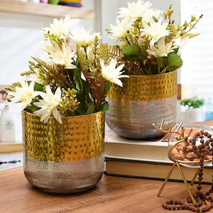 Pots de fleurs en métal martelé bicolore or et argent, jardinières rondes modernes, décoration d'intérieur pour bureau - Product Image 5