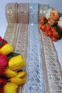 Custom Made Premium Handcrafted Sequin Embroidered Brocade <b>Fabric</b> Laces <b>100</b>% Cotton Machine Precision for Superior Texture - Product Image 2