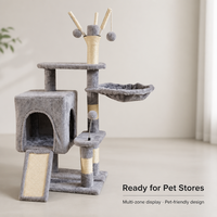 Arbre à chat à trois niveaux en bois et sisal avec panier-cabanon en peluche, hamac et rampe d'escalade pour chats