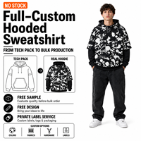 Sweat à capuche personnalisé superposé, imprimé effet éclaboussures, coupe oversize, épais, noir et blanc, épaules tombantes, poche kangourou, style streetwear, vente en gros