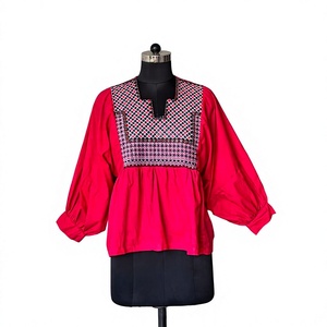 Haut peplum bohème en polyester brodé rouge pour femme, chemisier ethnique à manches ballon, tunique folklorique traditionnelle pour adulte, ODM - Product Image 2
