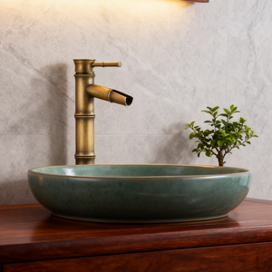 Смеситель для раковины в античном стиле из латуни с дизайном под бамбук, изливом-водопадом, для горячей и холодной воды, настольный, для ванной комнаты - Product Image 6