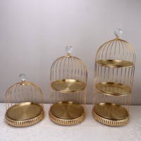 Support à gâteaux 2 ou 3 niveaux style cage à oiseaux vintage moderne pour hôtel, avec assiettes en acier inoxydable doré
