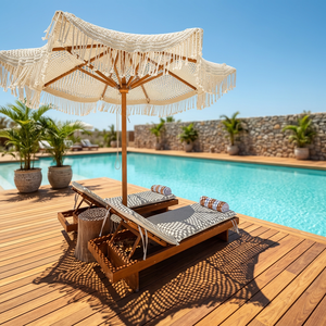 Chaise longue de plage en macramé avec parasol en teck, chaise longue de soleil à pompons, mobilier d'extérieur pour piscine, coussins inclus, style moderne - Product Image 2