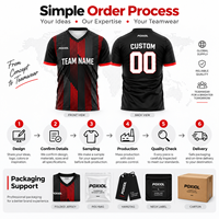 Maillot de football personnalisé noir et rouge à rayures verticales, col en V, sublimation intégrale, séchage rapide, respirant, kit d'équipe personnalisé pour les amateurs