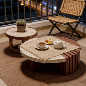 스톤 탑 우드 베니어 스트라이프 디자인 포스트모던 중국풍 투톤 커피 테이블 세트 낮은 테이블 가구 - Product Image 3