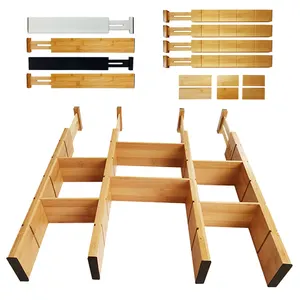 Laci & Organizer kabinet perenggang laci Set pemisah kayu bambu laci pembagi disesuaikan hitam putih 4 pak