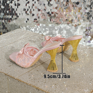 Eleganti Sandali Mule <span class=keywords><strong>Rosa</strong></span> con Fiocco in Pizzo, Tacco a Tromba Dorato Plissettato, Punta Quadrata Aperta, per Feste e Matrimoni - Product Image 6