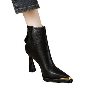 Women's Black PU Ankle Boots Thin Heel Pointed Toe Gold Decor Side Zipper Fashion <b>Booties</b> Autumn/Winter for Office Party Wear - Product Image 1