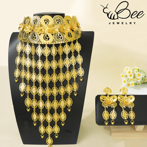 Juego de joyería nupcial africana de aleación chapada en oro de 21k con collar de borlas largas y aretes para mujeres indias, en oferta. - Product Image 5