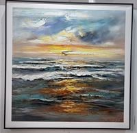 Superbe Peinture à l'Huile Impasto Coucher de Soleil sur l'Océan Peinte à la Main, Art Mural Texturé 3D Paysage Marin sur Toile pour Décoration de Salon et Villa