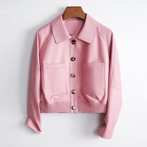 3215 Trending Products 2025 New Arrivals Pink Single Breasted Women's Real Sheepskin Cropped Leather Coat
