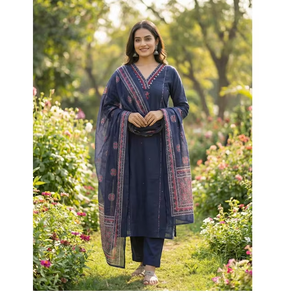 Ensemble Salwar Kameez en coton bleu marine à imprimé numérique dessiné à la main pour femmes, tenue ethnique traditionnelle décontractée longueur cheville, séchage rapide - Product Image 2