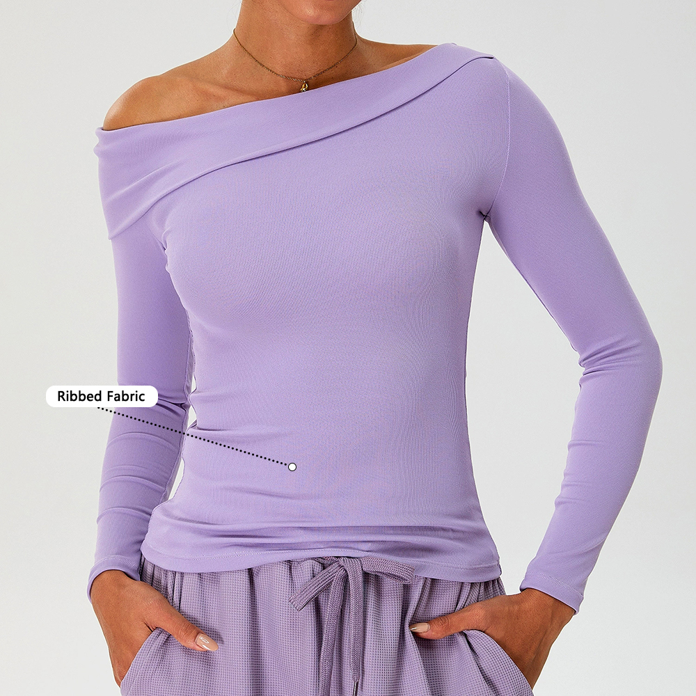 New Threaded Yoga Clothing Women's Slant Neck Off Shoulder Fitness Clothing Running Sports Long Sleeve Top