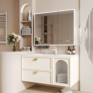 French Cream White <b>Floating</b> Bathroom Vanity Solid Wood Cabinet with Smart LED Mirror Integrated Sink - Product Image 3