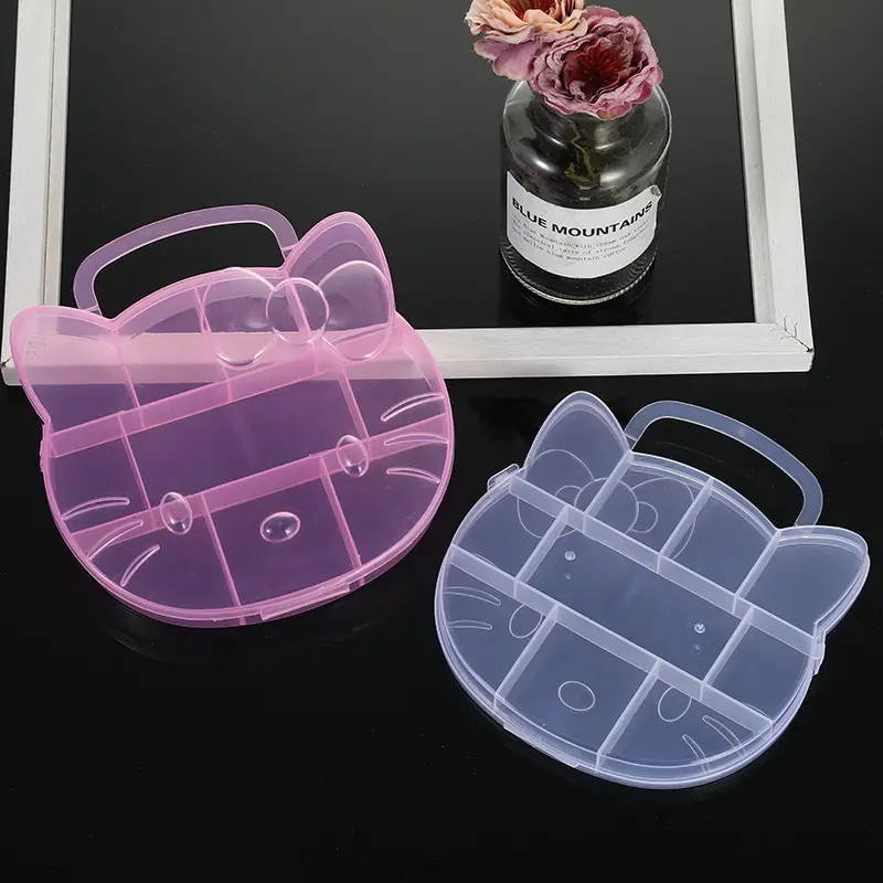 Vente en gros de boîte de rangement pour manucure en plastique Kawaii Bear Kitty Cat, bijoux fendus en rose transparent avec breloques pour ongles