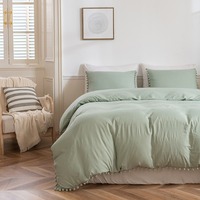 Vente flash : Parure de lit douce 100% polyester, ensemble de draps avec une belle décoration en pompon sur le bord