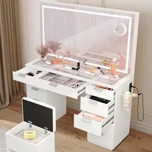 46'' Magnifying Glass Top Multi 11 Drawers Wooden Dressing Vanity Desk Table Set With LED Mirror And Storage Bench For Bedroom