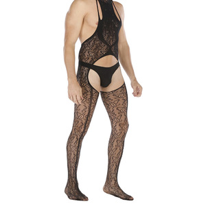 Men Sexy <b>Fishnet</b> Bodysuit Black Crotchless Spandex Nylon Mid Rise One Piece Underwear For Men - Product Image 1