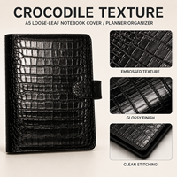 Couverture de carnet A5 en cuir croco noir |   Agenda en cuir PU de qualité supérieure |   Également disponible sans anneaux pour demi-lettre