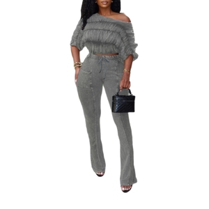 Seductive Solid-<b>Colour</b> Crop Top and Slim-Fit Flared Trousers Women's Two Piece <b>Set</b> Fashion - Product Image 1