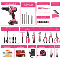 Kit d'outils domestiques rose 140 pièces, perceuse sans fil 21V, outils à main, jeu de douilles, marteau, pinces, tournevis, coffret cadeau DIY