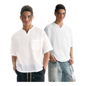 Blanc blanc poche col en v t-shirts hommes goutte épaule surdimensionné lâche respirant haute qualité hommes t-shirt - Product Image 1