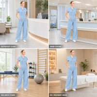 Combinaison médicale pour femme à revers crantés, manches courtes, plissée, jambes larges, avec logo personnalisé