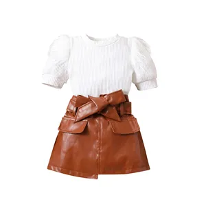 Children'S Clothing Girls Fashion Furry Short Sleeve + Lace-Up Skirt Two-Piece Children'S Suit