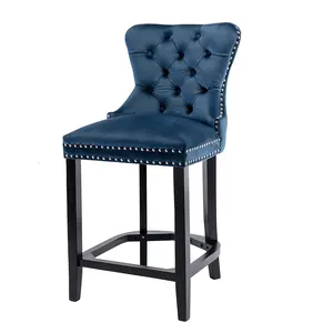 Modern And Fashionable Navy Blue Bar Chair Strap Button Tufted Backrest Black Solid Wood High Stool Leg Bar Stool