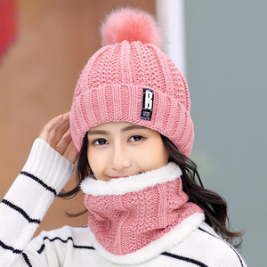 Ensemble <span class=keywords><strong>Bonnet</strong></span> Tricoté Chaud d'Hiver <span class=keywords><strong>Femme</strong></span> avec Cagoule Cache-Cou, Écharpe <span class=keywords><strong>et</strong></span> Pompom Épais - Product Image 1