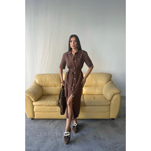 Vestido de Tencel de Manga Corta con Botones Delanteros, Color Marrón, Largo hasta la Rodilla, sin Tirantes, para Oficina, Elegante, para Fiestas, Uso Diario, Talla Única - Product Image 5