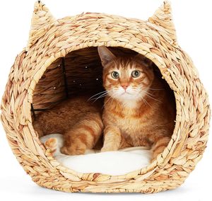 Lit de tête de chat en paille avec panier en jonc de mer tissage oreiller lavable amovible insérer panier tissage lit en rotin tête de chat en forme - Product Image 5