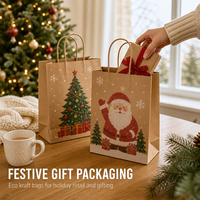 Sac en papier kraft de luxe personnalisé avec poignées, imprimé pour cadeaux de Noël, de Nouvel An et de fête, idéal pour l'emballage artisanal